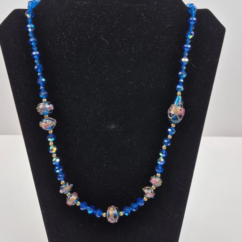 Vtg Venetian Wedding Cake Necklace Blue Pink Gold Glass 27